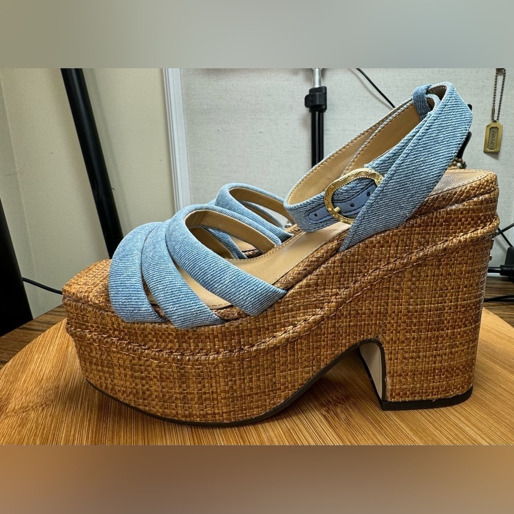 NWOT New Sam Edelman Tibby Platform Heels Size 5.5 or 6 in Blue Denim and Brown - Picture 3 of 11